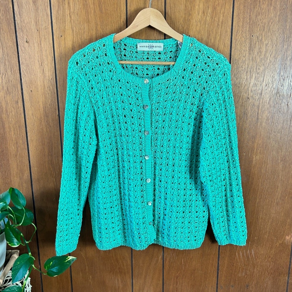 Vintage Marisa Christina‎ Seafoam Green Open Knit Cardigan Sweater Cotton Large
